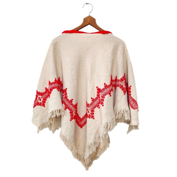 VINTAGE 70'S HAND WOVEN HAND KNIT PONCHO/Shrug, RED/CREAM, Women's Medium - Picture 2 of 7